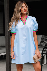 Myosotis Contrast Striped Notched V Neck Puff Sleeve Mini Dress Mini Dresses JT's Designer Fashion