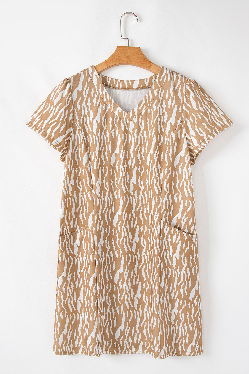 Khaki Abstract Print V Neck Short Sleeve Shift T Shirt Dress T Shirt Dresses JT's Designer Fashion