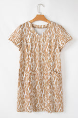 Khaki Abstract Print V Neck Short Sleeve Shift T Shirt Dress T Shirt Dresses JT's Designer Fashion