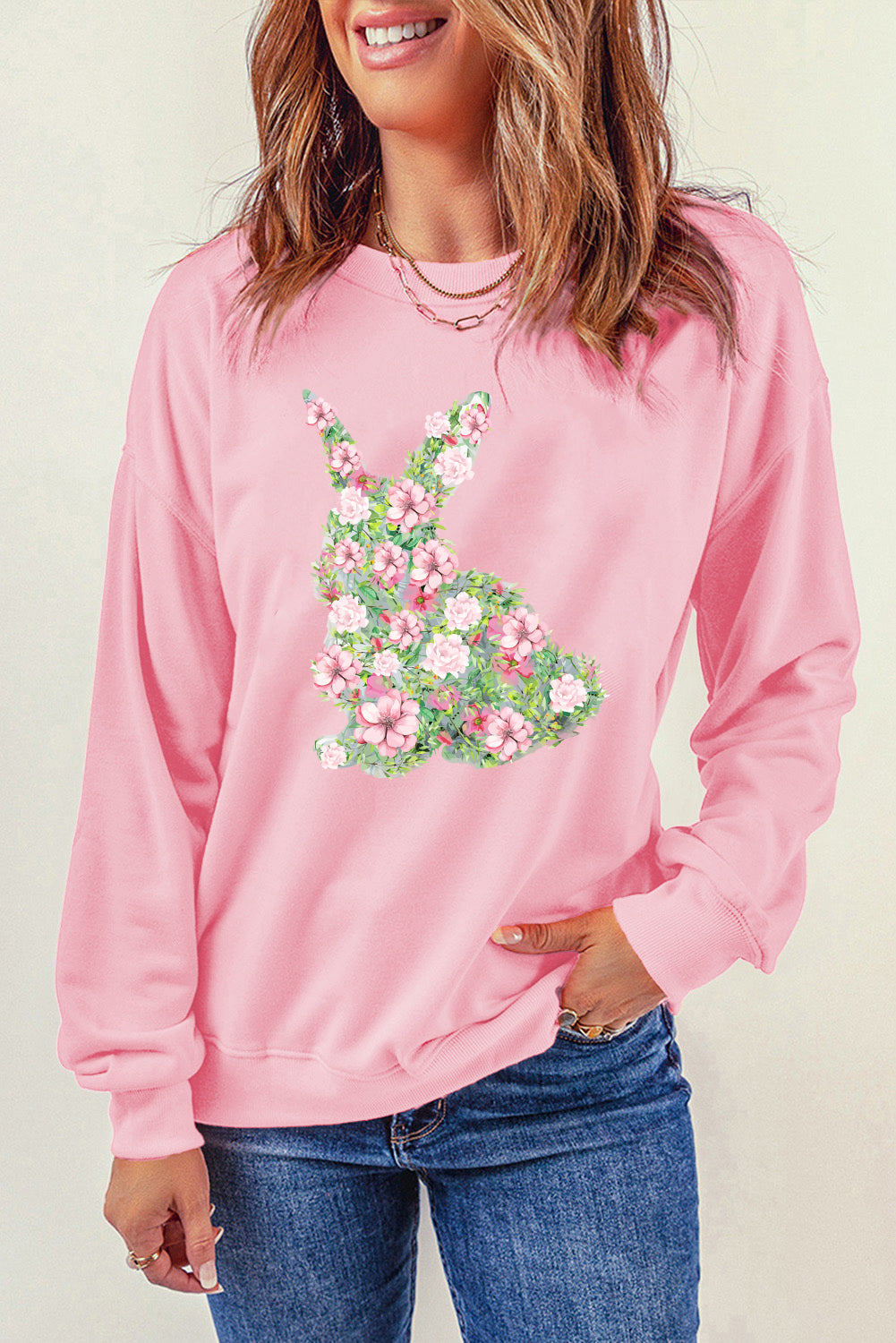 Pink Floral Bunny Printed Crewneck Easter Fashion Sweatshirt Graphic Sweatshirts JT's Designer Fashion