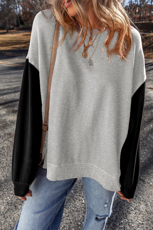 Gray Two Tone Patchwork Drop Shoulder Pullover Sweatshirt Sweatshirts & Hoodies JT's Designer Fashion