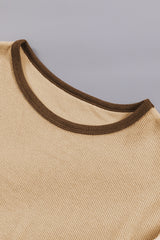 Smoke Gray Textured Patchwork Crew Neck Puff Sleeves Top Long Sleeve Tops JT's Designer Fashion