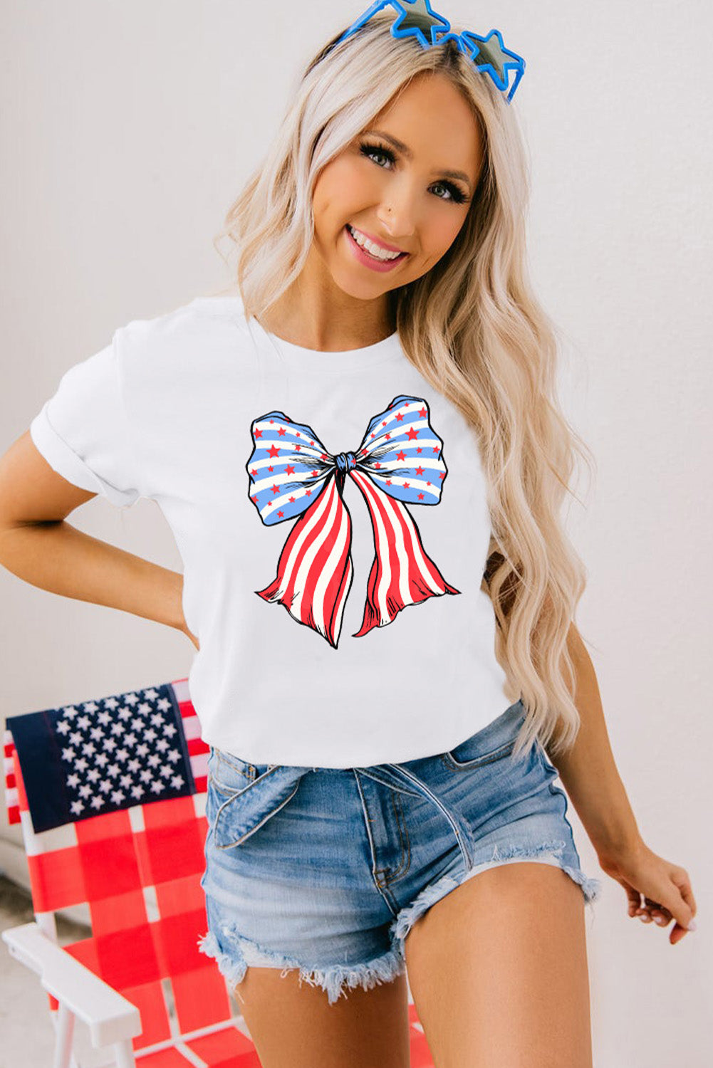 White Stripes and Stars Bowknot Print T Shirt Graphic Tees JT's Designer Fashion