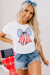 White Stripes and Stars Bowknot Print T Shirt Graphic Tees JT's Designer Fashion