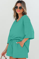 Sea Green Solid Loose V Neck Half Sleeve Tee and Shorts Short Sets JT's Designer Fashion