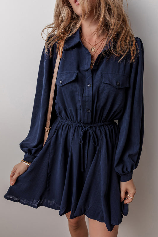 Navy Blue Solid Chest Pockets Tunic Shirt Mini Dress Mini Dresses JT's Designer Fashion