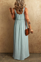 Green Stripe Shirred Frilled High Waist Sleeveless Loose Fit Long Dress Maxi Dresses JT's Designer Fashion
