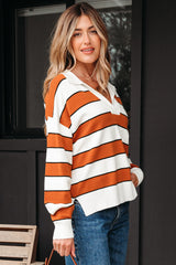 Brown Stripe Ribbed Polo Collar Drop Shoulder Sweater Sweaters JT's Designer Fashion