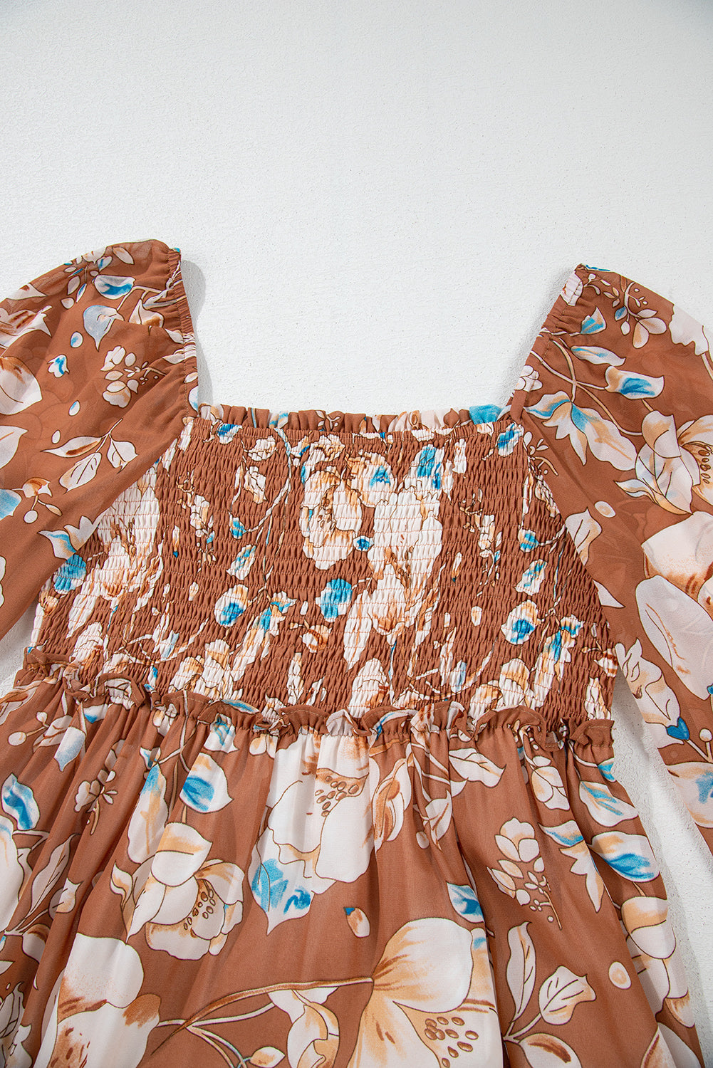 Brown Floral Print Shirred Square Neck High Waist Long Dress Maxi Dresses JT's Designer Fashion