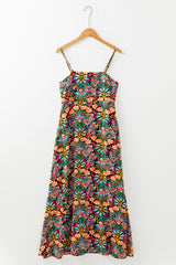 Black Boho Floral Print Thin Straps Sleeveless High Waist Maxi Dress Floral Dresses JT's Designer Fashion