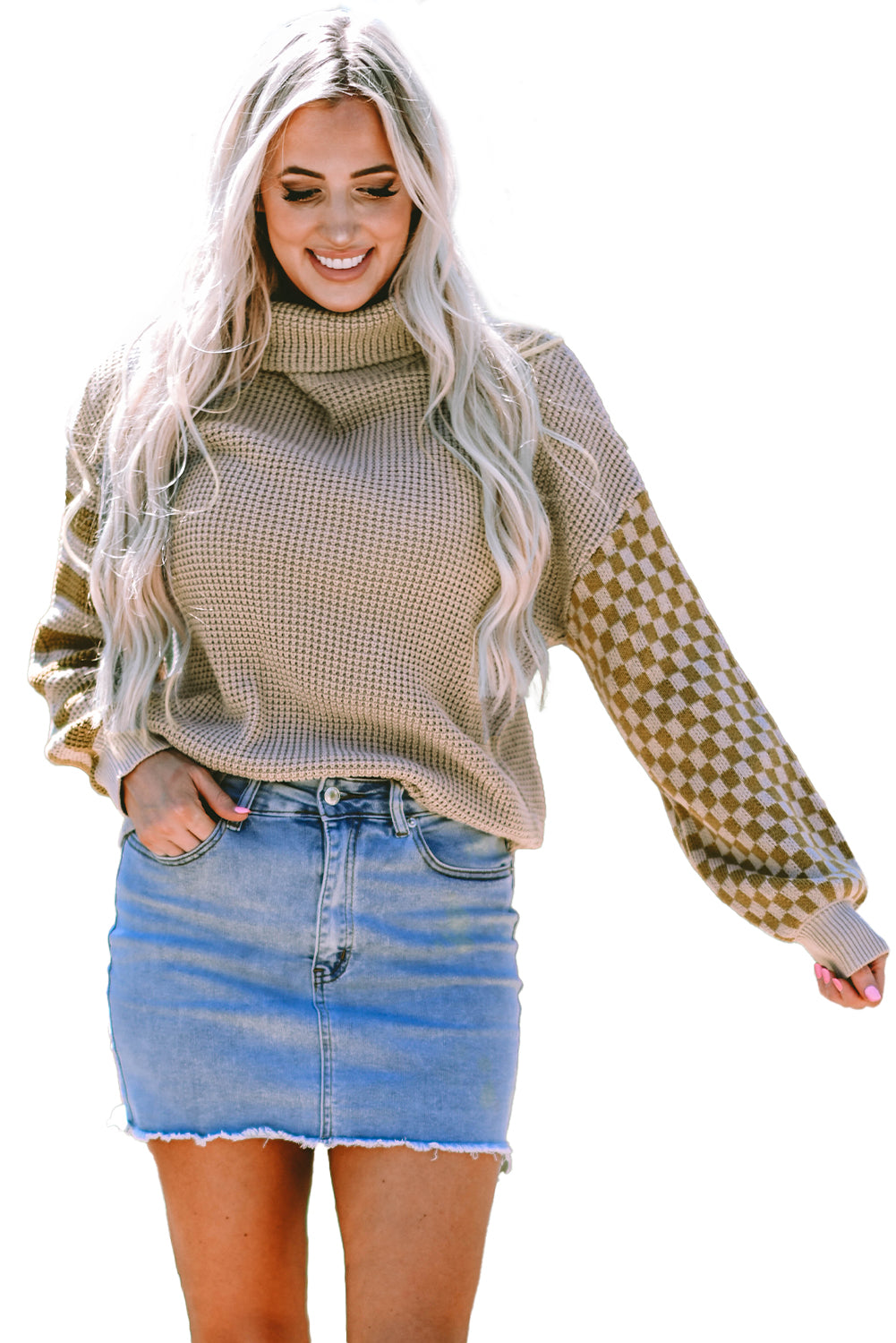 Smoke Gray Striped Plaid Patchwork Waffle Knit Turtleneck Sweater Sweaters JT's Designer Fashion