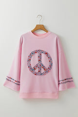 Light Pink Floral Peace Sign Graphic Drop Shoulder Wide Sleeve Casual Top Long Sleeve Tops JT's Designer Fashion