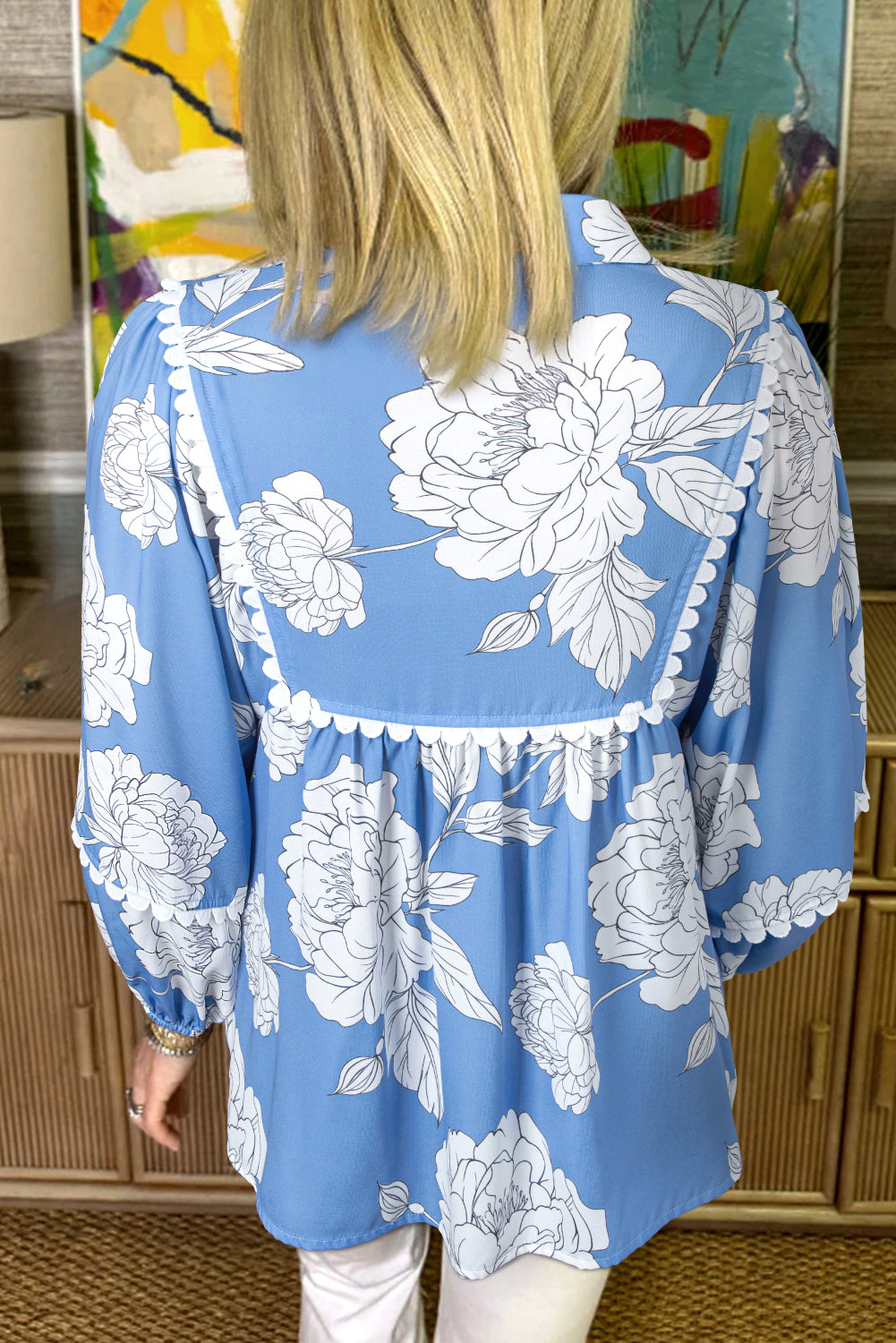 Sky Blue Floral Ricrac Trim Collared Puff Sleeve Loose Blouse Blouses & Shirts JT's Designer Fashion