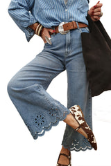 Dusk Blue Embroidered Cropped Wide Leg High Waist Jeans Jeans JT's Designer Fashion