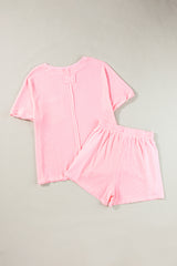 Light Pink Waffle Knit Oversize Tee and Shorts Set Short Sets JT's Designer Fashion