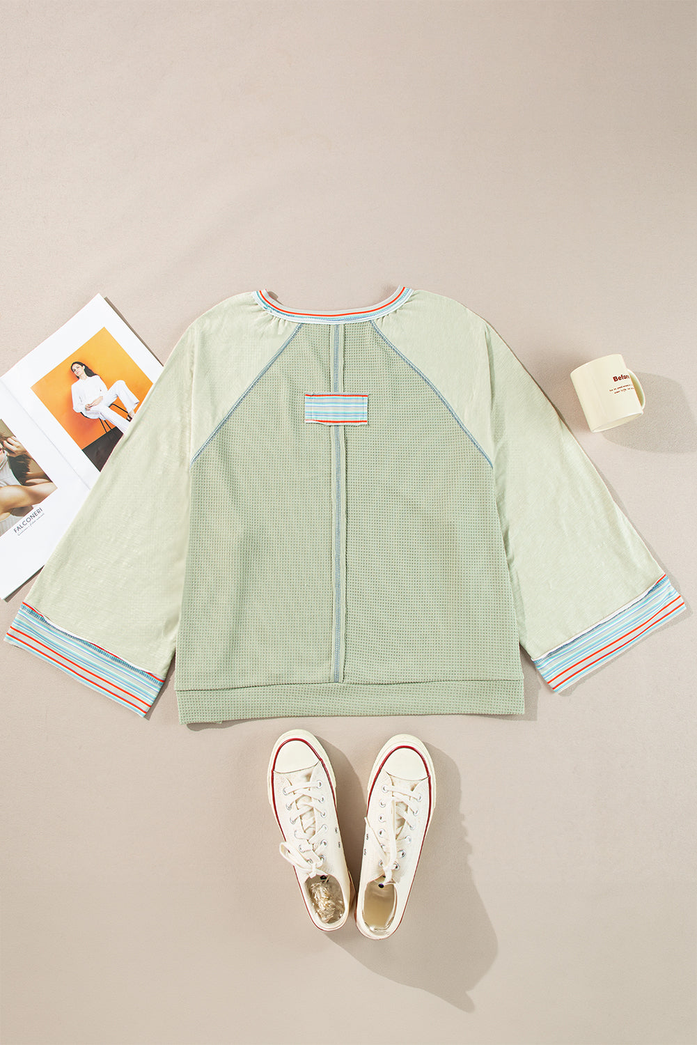 Meadow Mist Green Waffle Knit Wide Bracelet Sleeve Patchwork Raglan Top Long Sleeve Tops JT's Designer Fashion