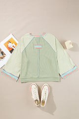 Meadow Mist Green Waffle Knit Wide Bracelet Sleeve Patchwork Raglan Top Long Sleeve Tops JT's Designer Fashion