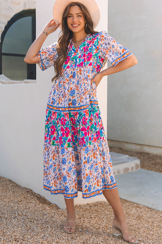 Sky Blue Mixed Floral Print Tie Split Neck Short Sleeve Dress Sky Blue 100%Polyester Floral Dresses JT's Designer Fashion