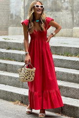 Fiery Red V Neck Flutter Sleeve Smocked Bodice High Waist Ruffle Long Dress Maxi Dresses JT's Designer Fashion