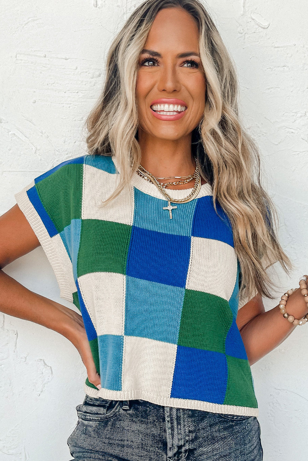 Dark Blue Check The Facts Color Block Sweater-Green Sweaters & Cardigans JT's Designer Fashion