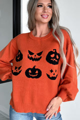 Orange Halloween Pumpkin Face Pattern Drop Shoulder Sweater Sweaters JT's Designer Fashion