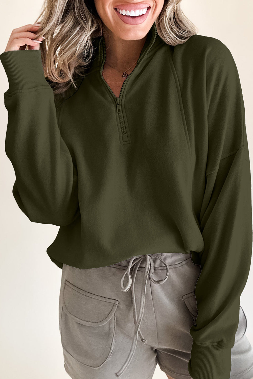 Jungle Green Zipped Neck Pullover Drop Shoulder Sweatshirt Sweatshirts & Hoodies JT's Designer Fashion