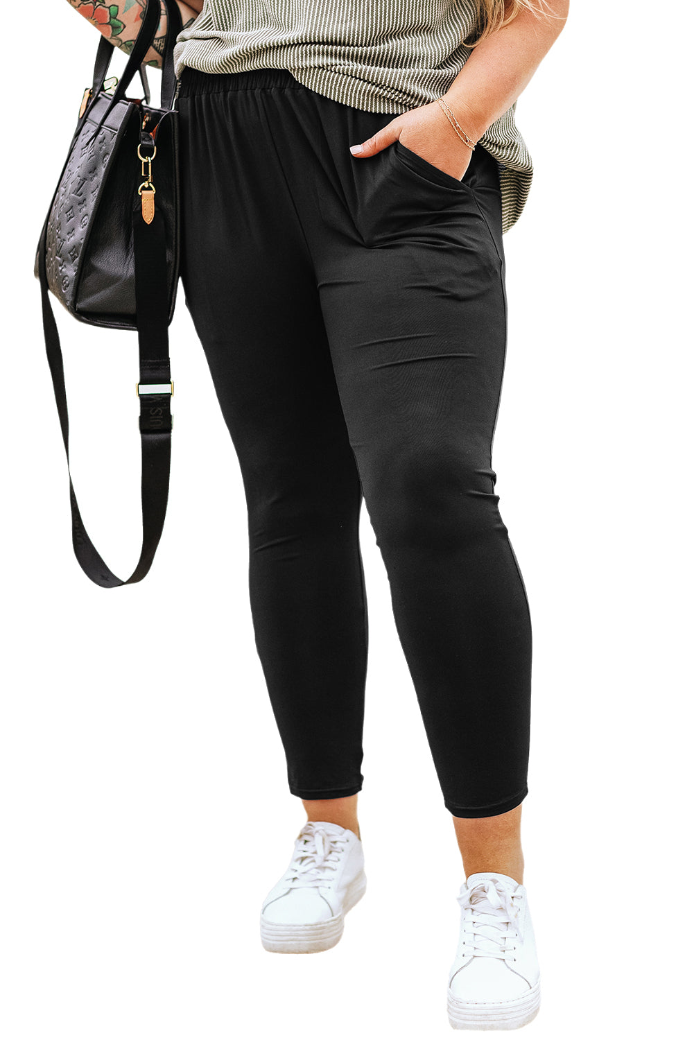 Black Plus Size Frill High Waist Pocketed Soft Pants Plus Size Bottoms JT's Designer Fashion