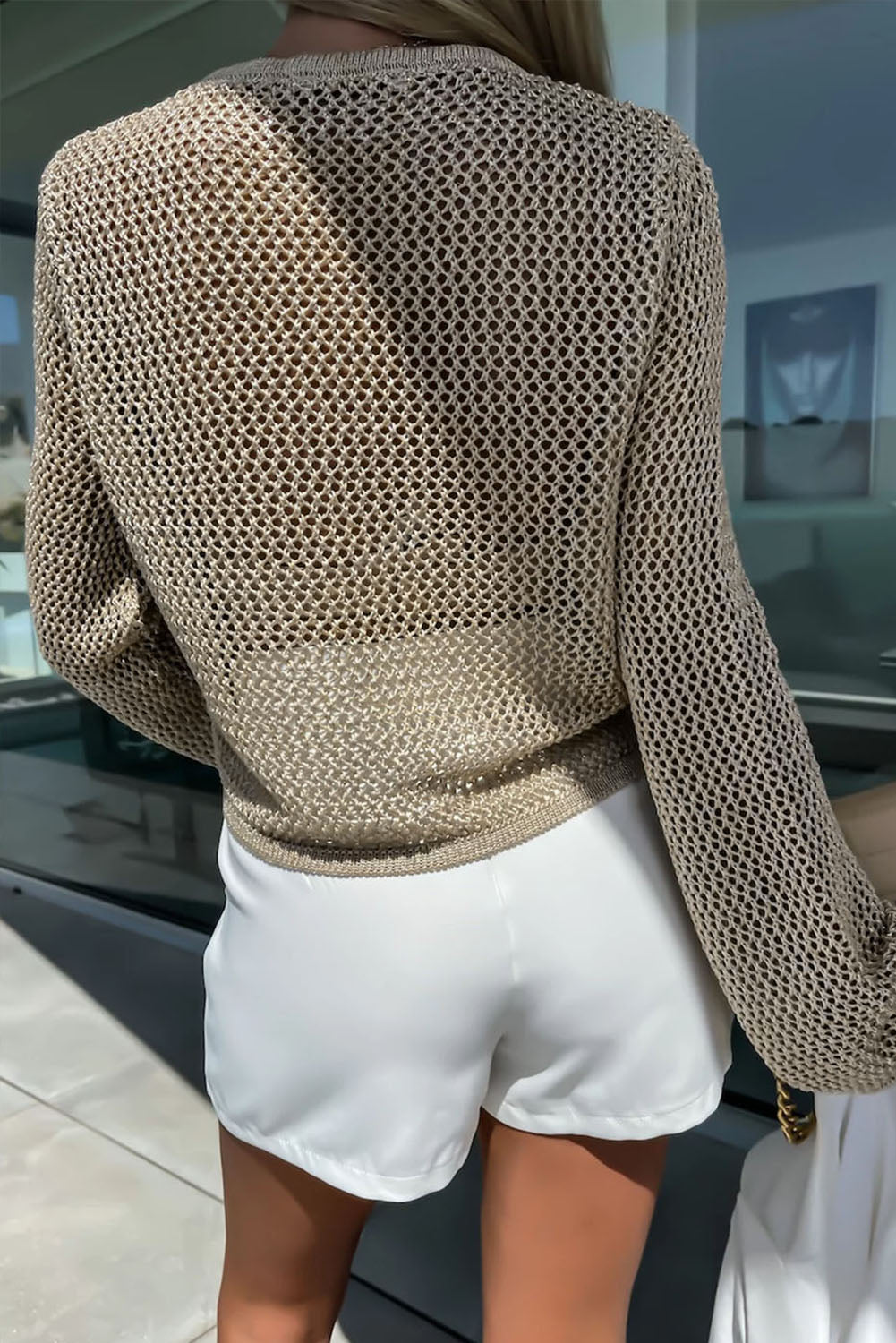 Khaki Hollow-out Knit Long Sleeve Top Long Sleeve Tops JT's Designer Fashion