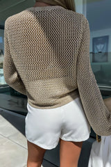 Khaki Hollow-out Knit Long Sleeve Top Long Sleeve Tops JT's Designer Fashion