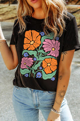 Black Colorful Flower Graphic Crewneck Summer Tee Graphic Tees JT's Designer Fashion