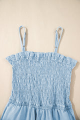 Beau Blue Spaghetti Strap Smocked Denim Romper Jumpsuits & Rompers JT's Designer Fashion