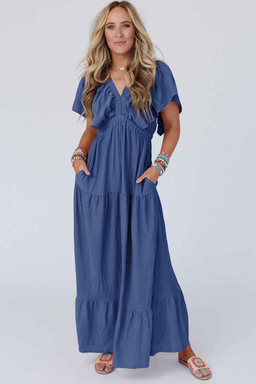 Navy Blue Textured V Neck Flutter Sleeve Ruffled Long Dress Maxi Dresses JT's Designer Fashion