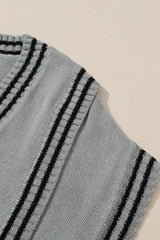 Gray V Neck Contrast Stripes Trims Short Sleeve Sweater Sweaters & Cardigans JT's Designer Fashion