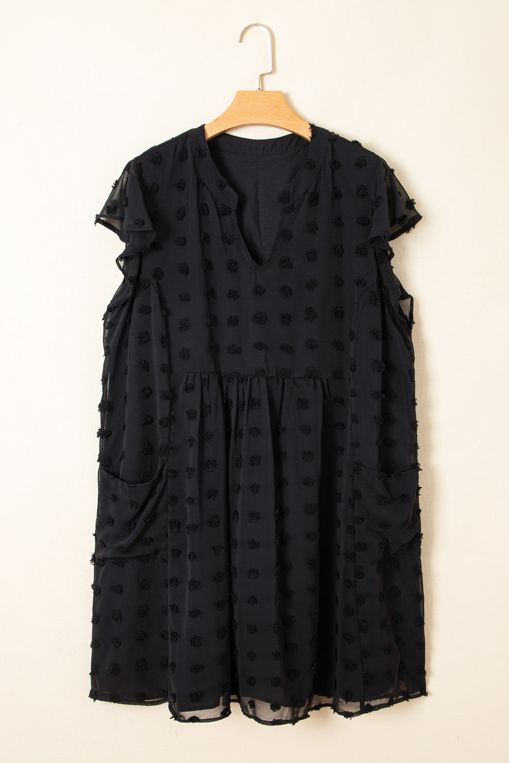 Black Dotty Textured Notched Neck Plus Ruffled Dress Plus Size Mini Dresses JT's Designer Fashion