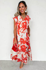 Red Floral Print Trimmed V Neck Ruffle Sleeve Long Dress Dresses JT's Designer Fashion