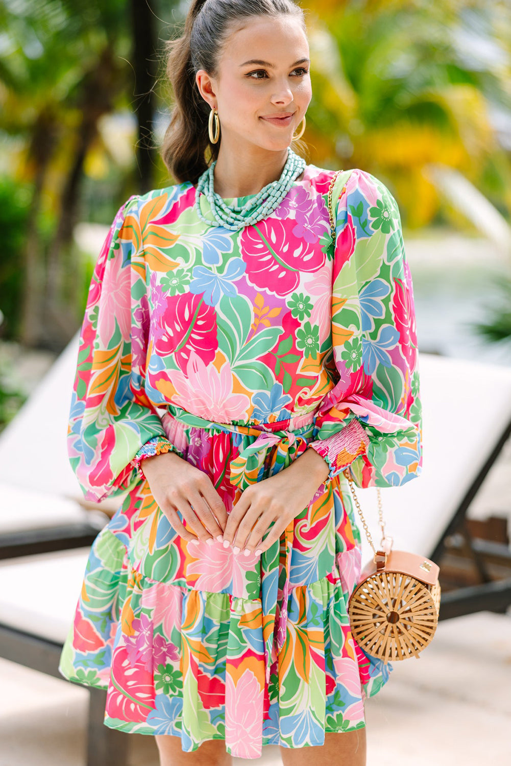 Green Multicolor Botanical Bubble Sleeve Mini Dress Floral Dresses JT's Designer Fashion