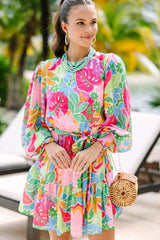 Green Multicolor Botanical Bubble Sleeve Mini Dress Floral Dresses JT's Designer Fashion