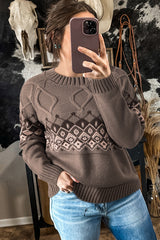 Light French Beige Western Geometric Patterned Crew Neck Knitted Sweater Sweaters JT's Designer Fashion