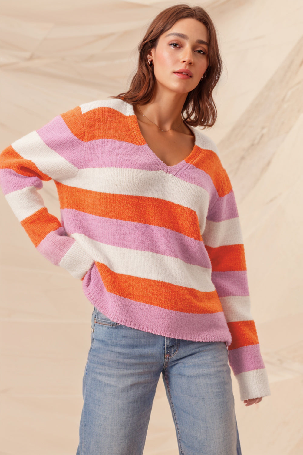 Orange Stripe Colorblock V Neck Casual Sweater Sweaters JT's Designer Fashion