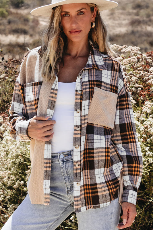 Khaki Thermal Knit Plaid Patchwork Shacket Khaki 65%Polyester+35%Cotton Plaid Shackets JT's Designer Fashion