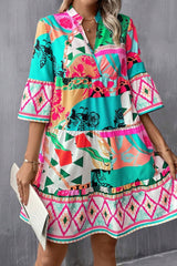 Multicolour Abstract Printed Half Sleeve Notched Neck Mini Dress Mini Dresses JT's Designer Fashion