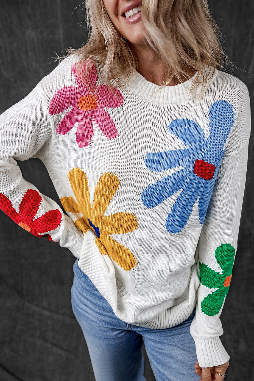 White Colorful Big Flower Pattern Crewneck Sweater Sweaters JT's Designer Fashion
