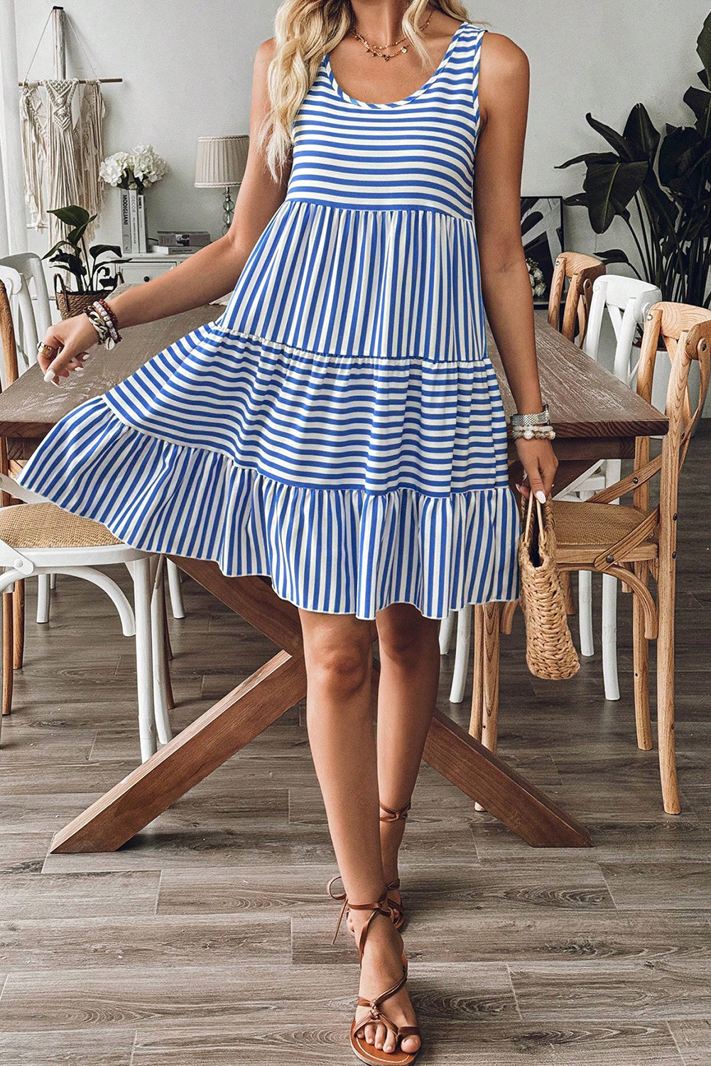 Sky Blue Stripe U Neck Sleeveless Loose Fit Mini Dress Dresses JT's Designer Fashion