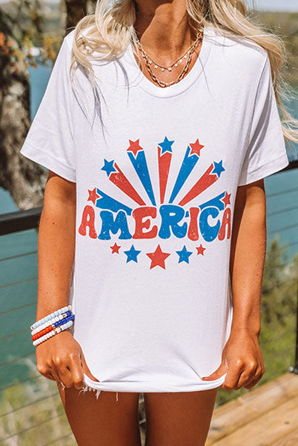 White AMERICA Star Graphic Round Neck Tee Graphic Tees JT's Designer Fashion