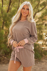 Brown Checkerboard Long Sleeve Pullover and Shorts Set Short Sets JT's Designer Fashion
