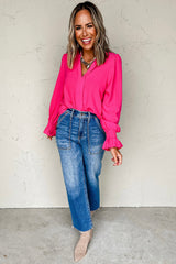 Rose Red Solid Color Shirred Cuff Notch V Neck Blouse Blouses & Shirts JT's Designer Fashion