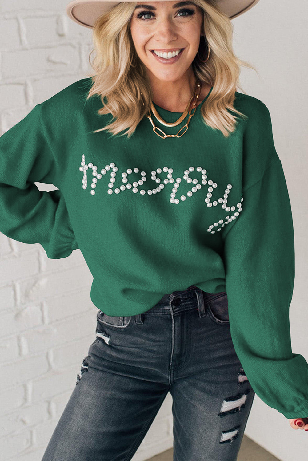 Blackish Green Pearl Beaded Merry Casual Sweater Sweaters JT's Designer Fashion