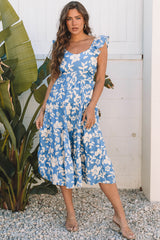 Sky Blue Floral U Neck Flutter Shoulder Tiered Flowy Midi Dress Sky Blue 100%Polyester Floral Dresses JT's Designer Fashion