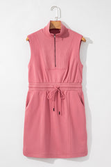 Mineral Red French Terry Zipped Collar Sleeveless Drawstring Waist Mini Dress Mini Dresses JT's Designer Fashion