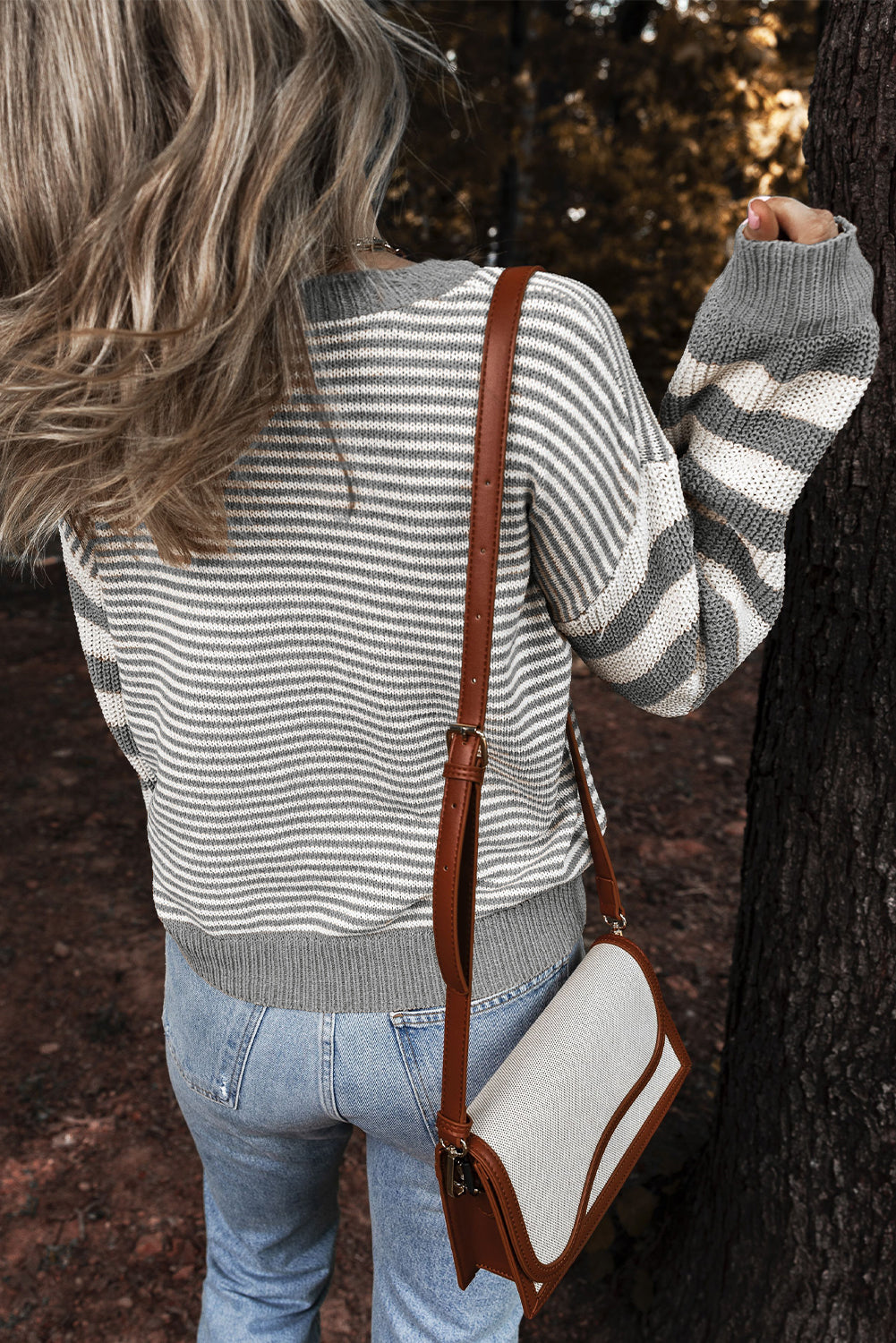 Gray Stripe Geometric Textured Drop Shoulder Sweater Sweaters JT's Designer Fashion